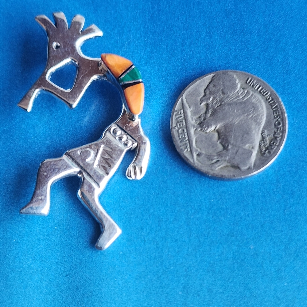 Silver Kokopelli Brooch with Apple Coral and Malachite Accents~ - Picture 3 of 8